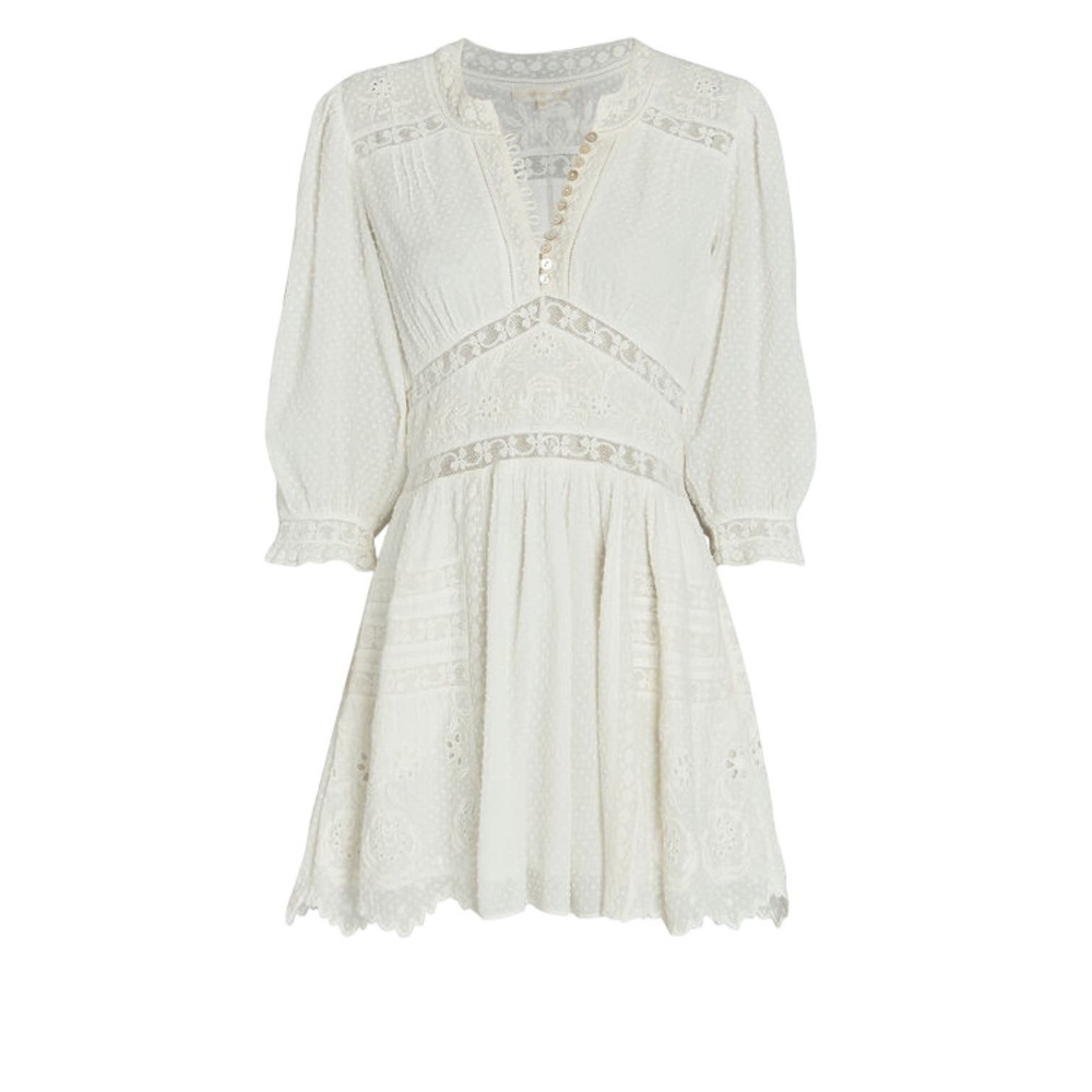 Love Shack Fancy Leno Mini Dress Long Sleeve V Neck Womens White Size 2